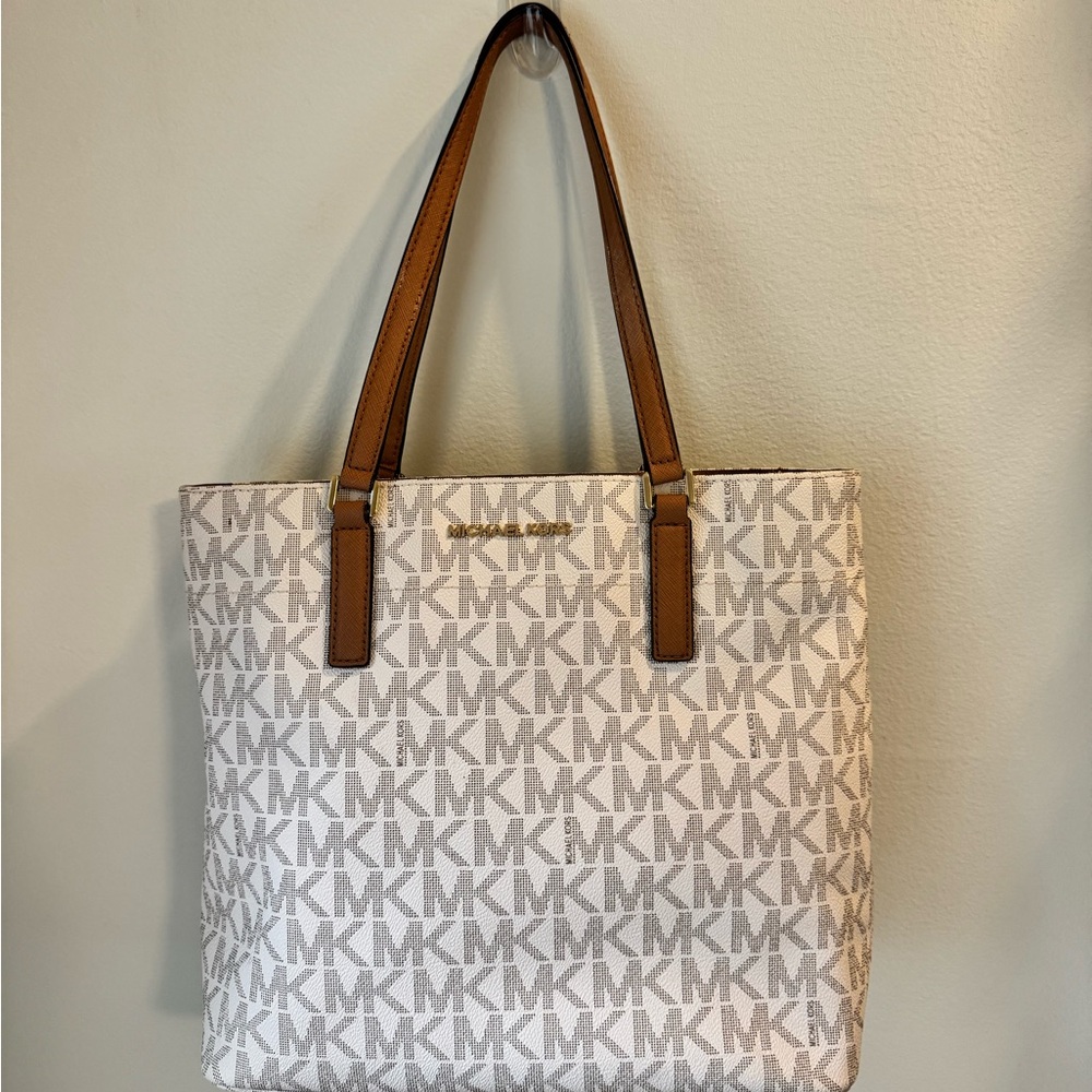 Michael Kors Monogram Cream and Tan Tote